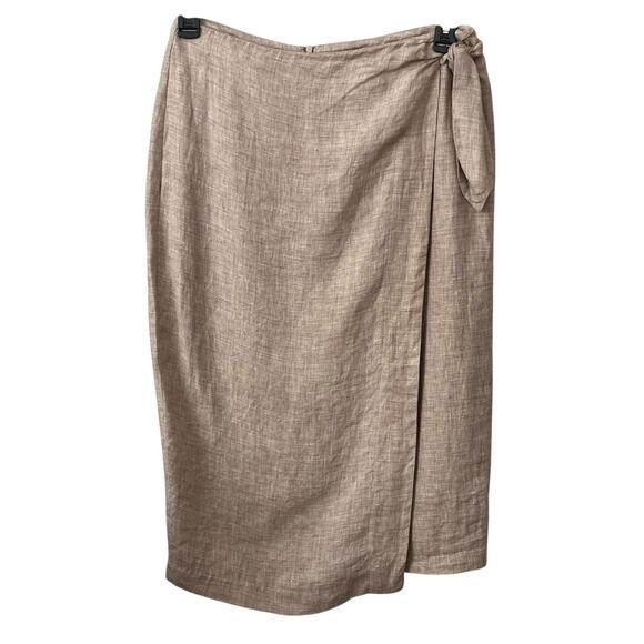 J Mclaughlin Carlie Faux Wrap Skirt Size 8 100% Linen Tan Career Modest Classic - Picture 1 of 11